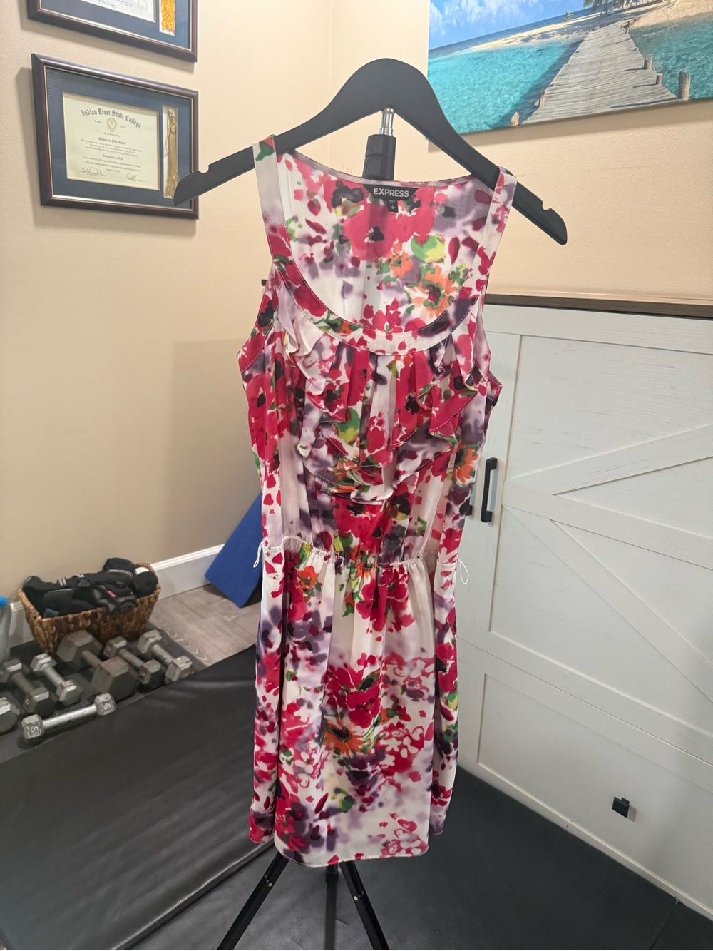 Express Pink Multi Floral Ruffle Sheath Dress - Picture 2 of 6